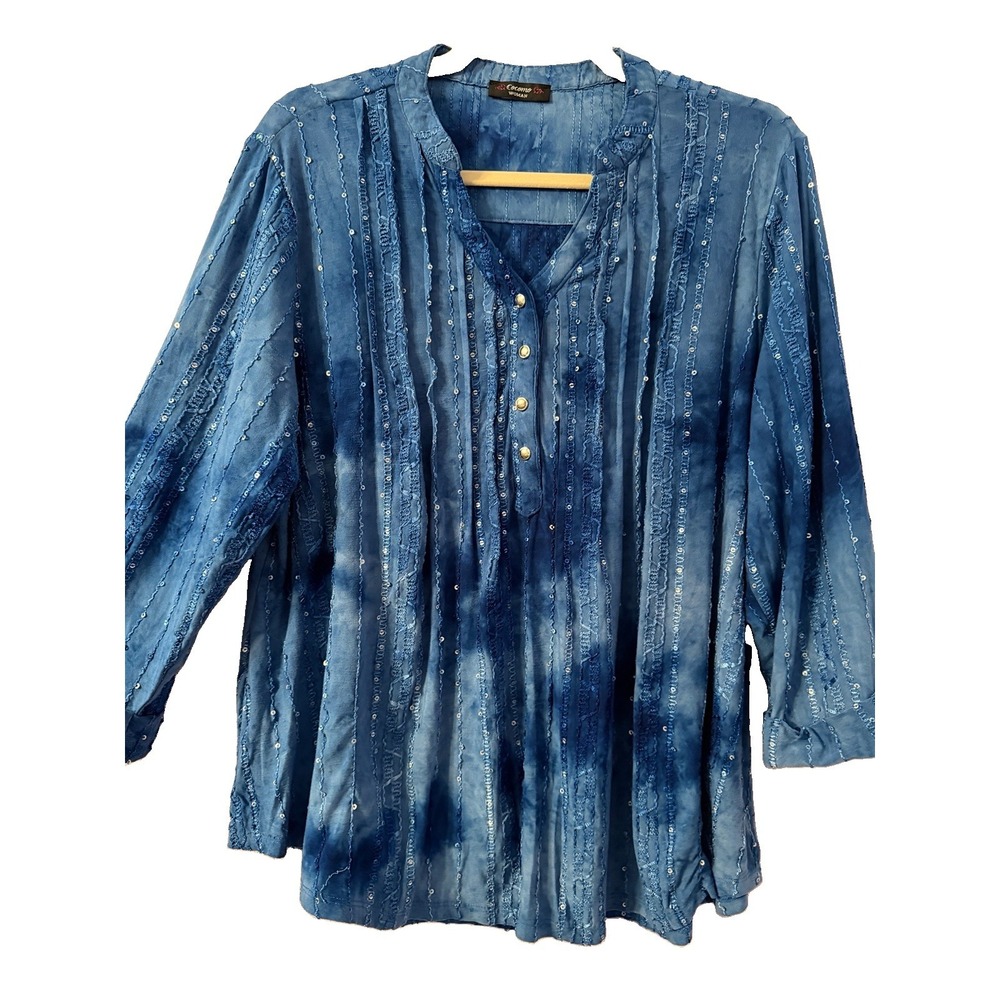 Cocomo Tunic Top Womens 1X Embroidered Stretch Jersey Sequins Popover Roll Tab
